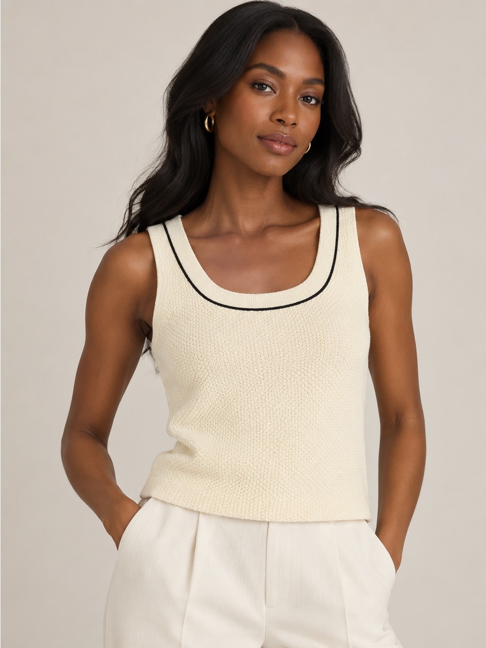 St. John Collection Marie Gray Cream Knit Tank Top Petite Black Trim